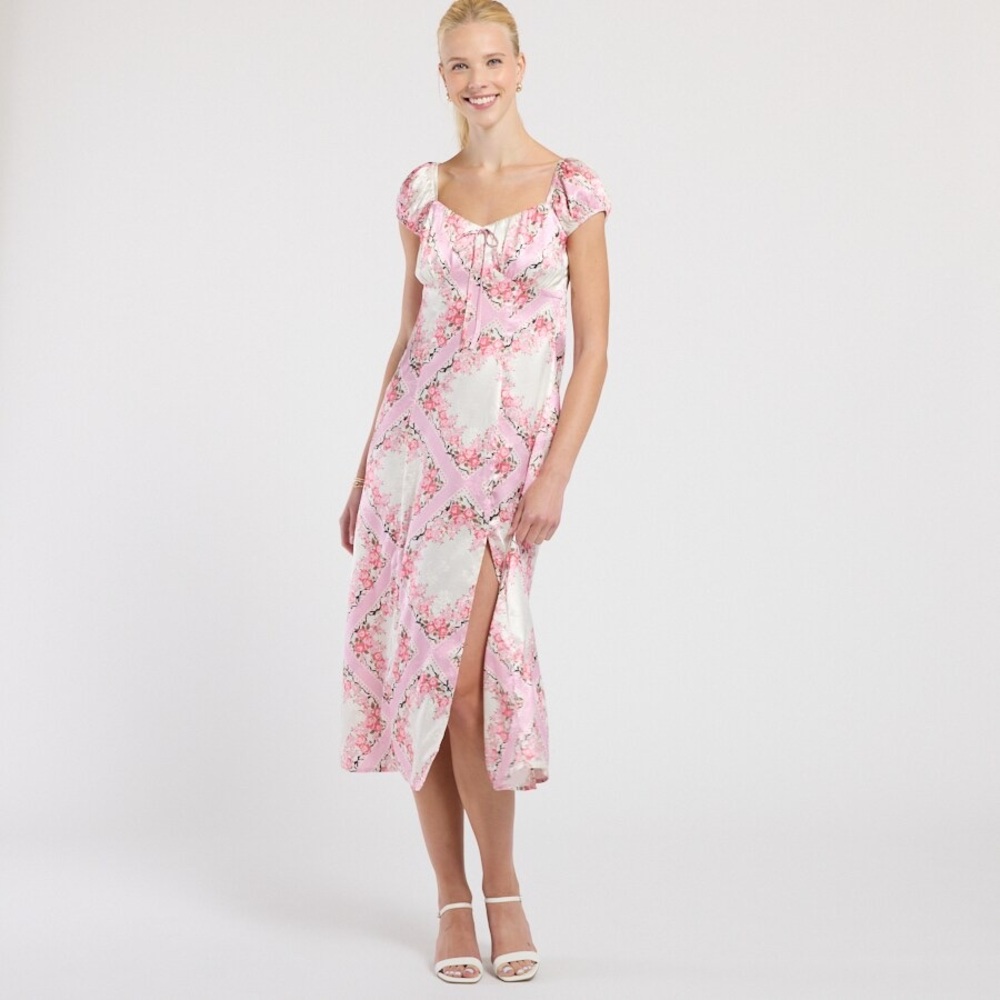 Pink Cap Sleeve Floral Satin Maxi Dress